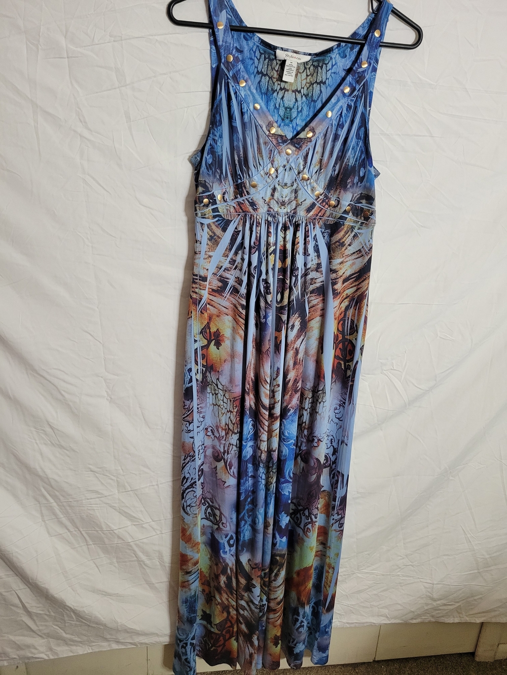 Style & Co. Blue Multi-Print Sleeveless Maxi Dress with Stud Accents